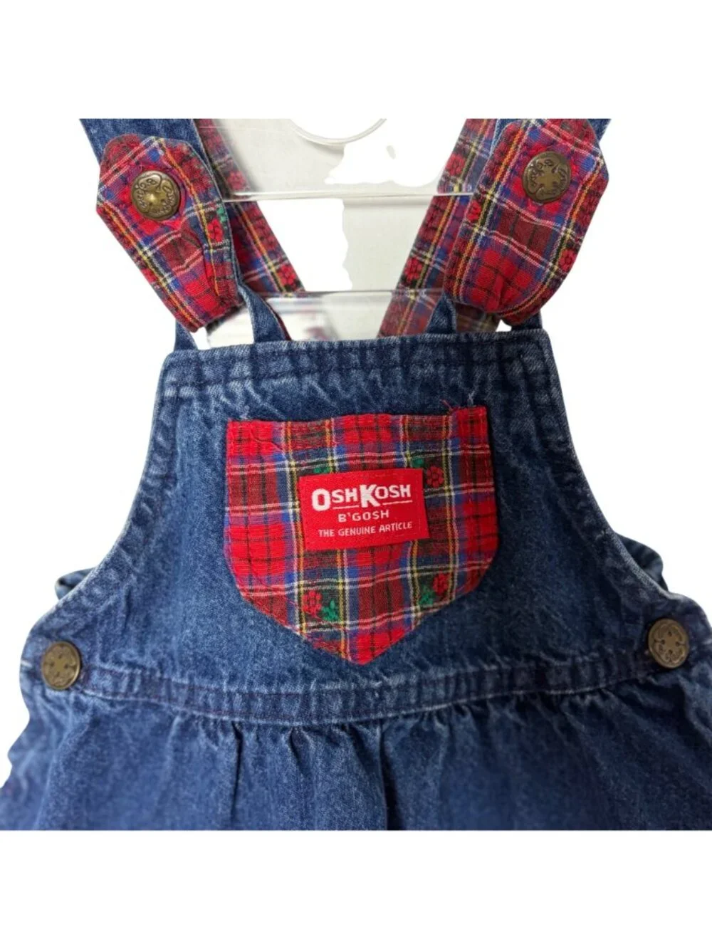 Vintage OshKosh BGosh Denim Overall Vestbak Dress 18 Month Plaid Accents